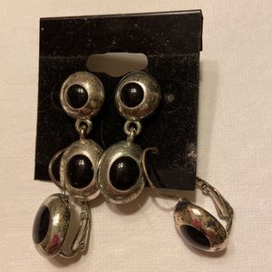 2 pair LCI Silvertone Dangle Earrings Black Stone